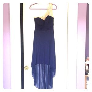 Navy blue illusion one sleeve dress